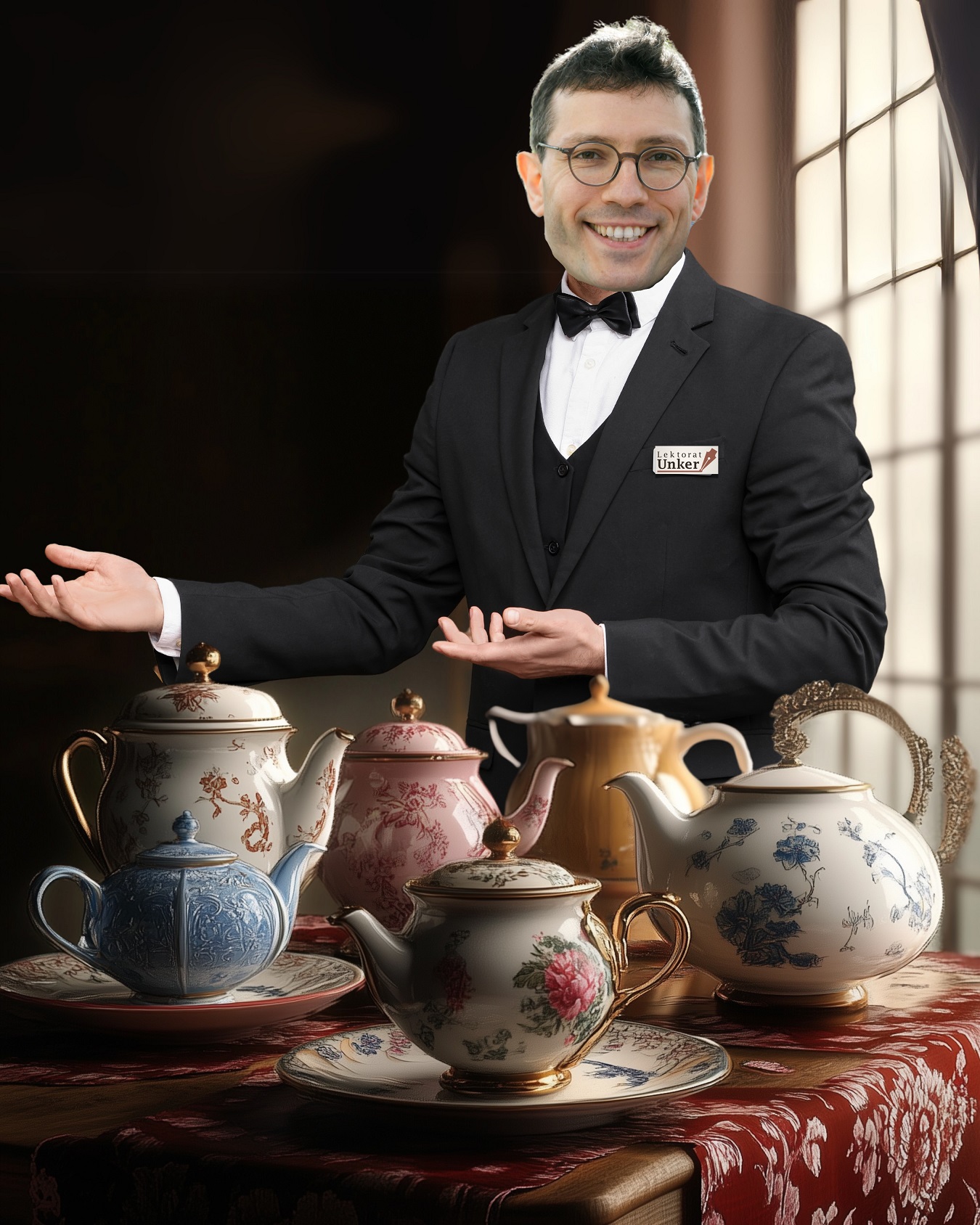 Lektorenausbilder Evgenij Unker als Butler, der Teekesselchen serviert.